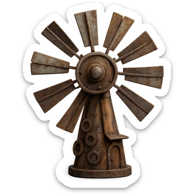Make the windmill look rusty and weathered, preserving the junk and scrap material details. Keep the transparent background intact. The style should reflect a weathered, rusty look with detailed textures on the junk and scrap materials. sticker