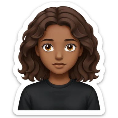 girl with brown skin, dark wavy brown hair shoulder length and black crewneck t-shirt sticker