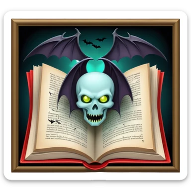 Icon for Horror & Mystery Reading: an open book with eerie glowing symbols, from which rise vampire Dracula with fangs, flying bats, a zombie hands. Surrounding elements. Transparent background. sticker