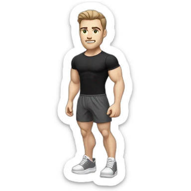 Pale skinned Fit Man With the biceps and dark brown hair in black shirt, gray sports shorts and white Sneakers sticker