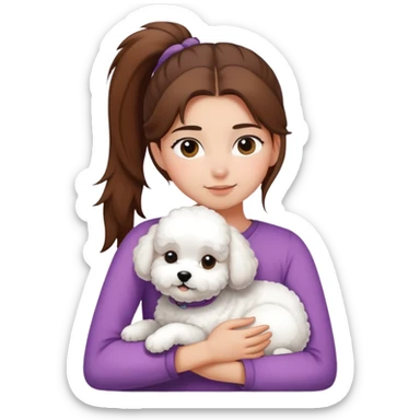One girl with straight hair in a ponytail，hugging one Bichon frise sticker