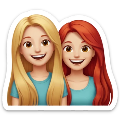 Two girls laughing with long blonde hair and red hair sticker