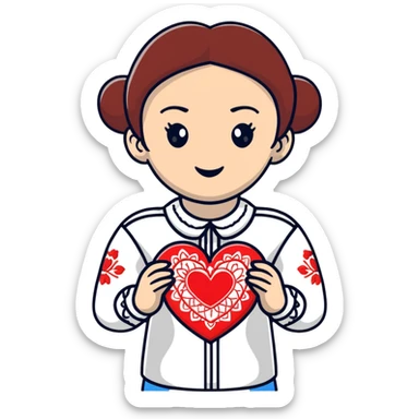 Beautiful young girl in a white Ukrainian embroidered shirt holds a large embroidered heart in her hands sticker