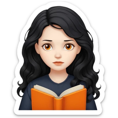 Long Hair Women with orrange Book, Black wavy hair, sad

 sticker