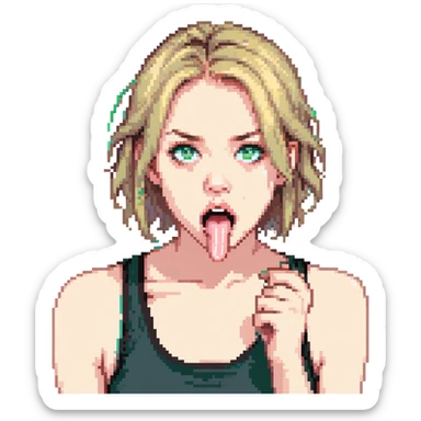 dirty blonde girl with blueish green eyes, black tank top, sticking tongue out and drooling sticker
