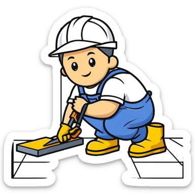 Moldovan builder laying floor tiles, construction worker with tools sticker
