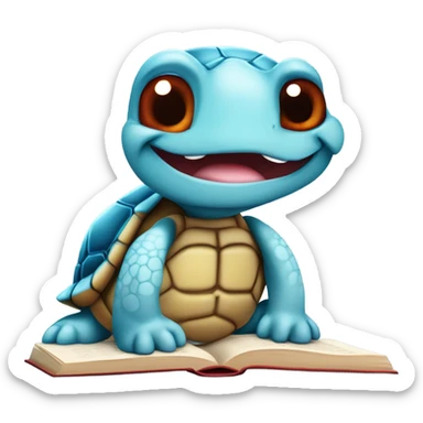A cute red eye colour, light blue skinned turtle with a brown shell. Reading a booking with a mischievous grin blushing smiling ear to ear  sticker