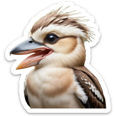 Cinematic Cute Yawning Kookaburra Portrait Emoji, Head tilted slightly with a dramatic, wide-open yawn, showcasing a soft, downy brown plumage with gently drooping wings and a relaxed beak, round eyes barely open in drowsy contentment, Simplified yet irresistibly adorable features, highly detailed, glowing with a soft, cozy glow, high shine, relaxed yet expressive, stylized with a touch of bushland charm, bright and endearing, soft glowing outline, capturing the essence of a sleepy yet affectionate kookaburra, so drowsy it feels like it could flutter out of the screen and curl up for a nap! sticker
