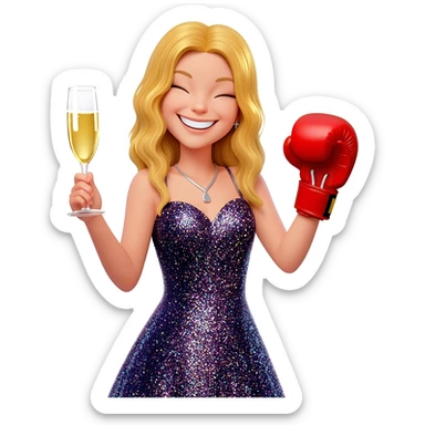 Happy girl, blond girl, party vibe with a glass of champagne and a boxing glove sticker