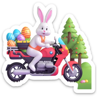 Easter bunny riding a BMW boxer motorcycle with trees and grass in the background, colorful Easter eggs hidden in the grass, and more bunnies watching from the side of the road sticker
