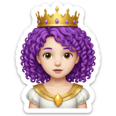 Princesses kid girl, with Gold Crown on purple curly hair, with white dress sticker