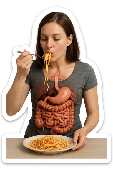 donna con intestino umano anatomico in evidenza che mangia un piatto di pasta, iperrealistico 4k sticker