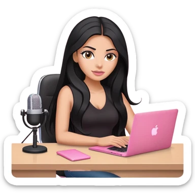 tanned long black hair woman, sat at desk with pink MacBook, podcast microphone black top and pink, sexy sticker