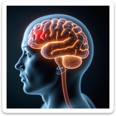 hyper-realistic medical CGI of an obese man with a holographic brain projection in front of him showing inflamed hippocampus in red, shrunken prefrontal cortex, yellow lightning for glucose spikes, black amyloid plaques, constricted blood vessels, 4K clinical sticker