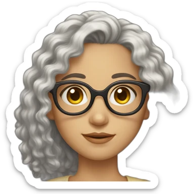 Caucasian girl, long curly black hair, brown eyes, golden glasses with tiny frames, just face sticker