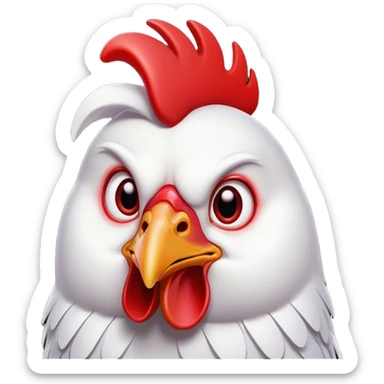 Cinematic Comical White Chicken Portrait Emoji, Head tilted dramatically with an exaggeratedly shocked or amused expression, featuring a sleek, immaculate white plumage with a prominent red comb, wide, expressive beady eyes filled with playful disbelief, Simplified yet hilariously expressive features, highly detailed, glowing with a slightly sassy glow, high shine, dramatic yet playful, stylized with an air of cheeky mischief, bright and endearing, soft glowing outline, capturing the essence of a spirited and over-the-top chicken, so meme-worthy it feels like it could cluck its way into internet fame instantly! sticker
