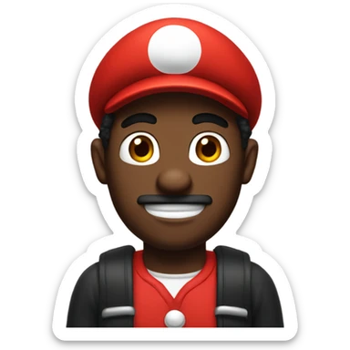 Black man wearing giant Mario costume head sticker