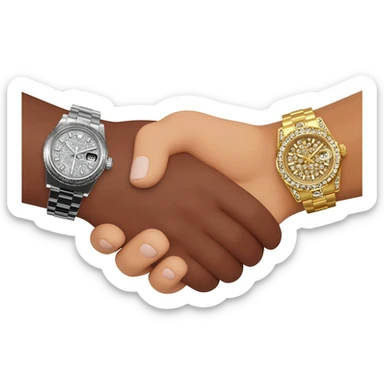 Emoji of a handshake, one wrist with a silver iced-out Rolex, the other with a gold iced-out Rolex, cartoon style, bold colors, focus on hands and luxury watches, transparent background. sticker