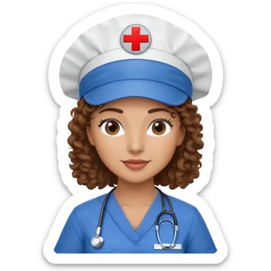 Latina nurse with curly hair, wearing scrubs and a nurse cap sticker