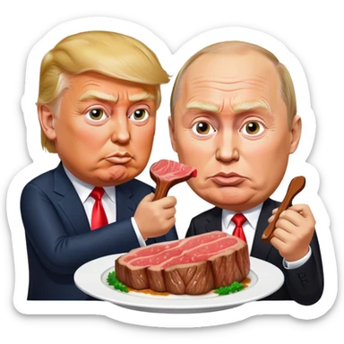 photorealistic Donald Trump and Putin eating a steak shaped like an piece of land sticker