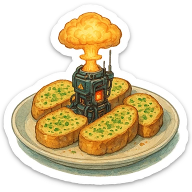 a plate of thermonuclear futuristic cyberpunk garlic bread, flawless, perfect, masterwork. highly dangerous sticker