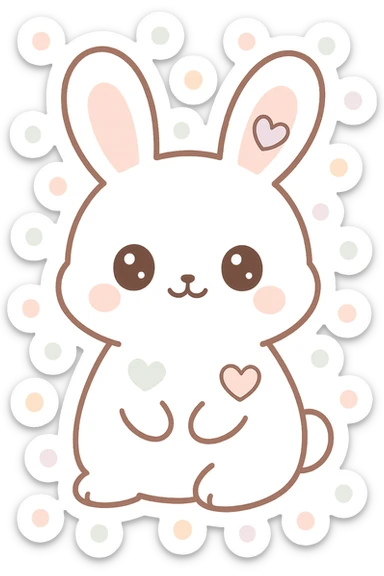 kawaii bunny with white fur and hearts, cute expression, pastel colors, soft outlines sticker