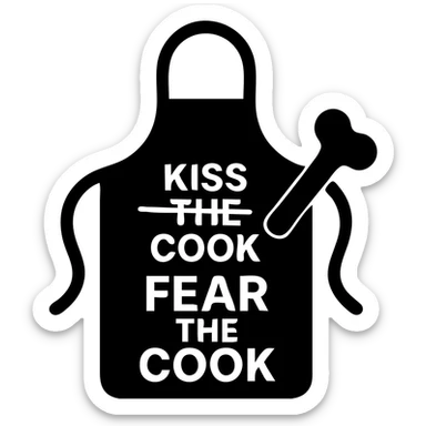 An apron with the text "Kiss the Cook" scratched out and replaced with "Fear the Cook", featuring a giant rib bone as a weapon sticker