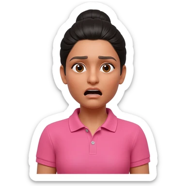 Indian woman in a professional hair bun, wearing pink polo tshirt, in an emergency, showing a panic face. sticker