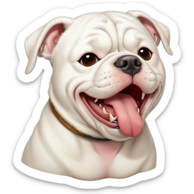 Cinematic Cute Yawning White American Bulldog Portrait Emoji, Head tilted slightly with a dramatic, wide-open yawn, short white fur with a velvety texture, floppy ears slightly drooping, round brown eyes barely open in drowsy contentment, Simplified yet irresistibly adorable features, highly detailed, glowing with a soft, cozy glow, high shine, relaxed yet expressive, stylized with a touch of whimsy, bright and endearing, soft glowing outline, capturing the essence of a sleepy yet affectionate pup, so drowsy it feels like it could stretch right out of the screen and curl up for a nap! sticker