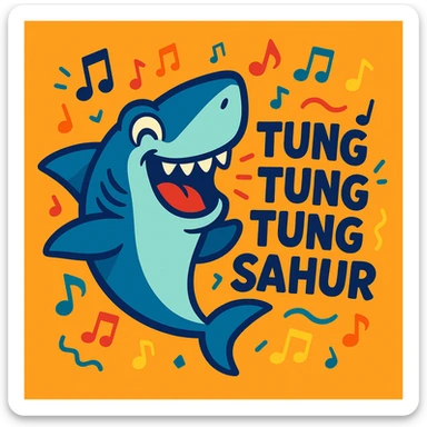 playful shark (akula) with musical notes and the phrase 'tung tung tung sahur', vibrant and fun, cartoon style sticker