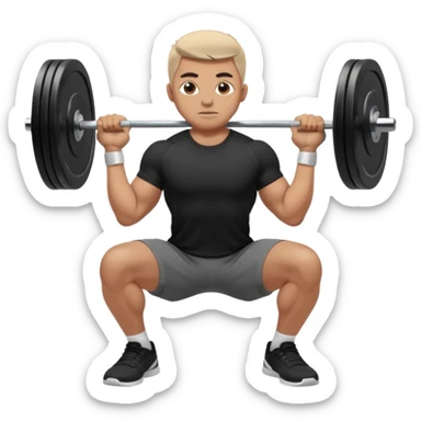 Hombre vestido con playera negra, pants gris y tenis blancos tipo jordan haciendo sentadilla libre con barra con un disco de 20 kilos por lado  sticker