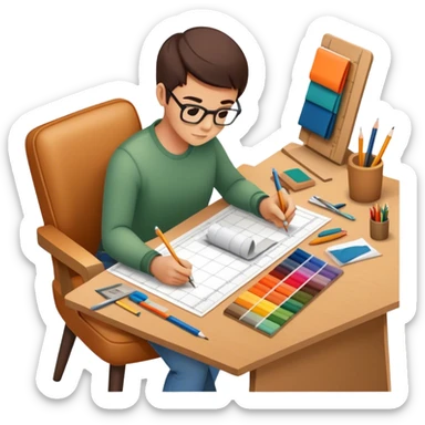 Icon for Furniture Design: a workspace with a designer sketching a piece of furniture, surrounded by design tools like a ruler, pencil, fabric swatches, and a 3D model of the furniture. The icon should represent the design process and creativity in furniture making. Transparent background. sticker