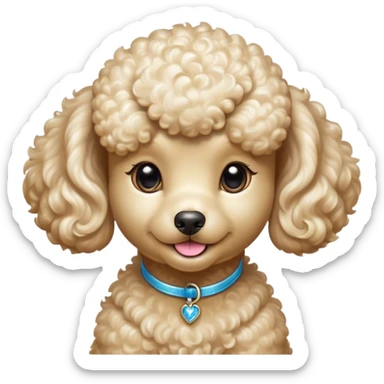 Cinematic Cute Cream Poodle Portrait Emoji, Head tilted playfully and inquisitively, showcasing a bouncy, curly cream Fur with a luminous sheen, round, sparkling warm eyes filled with curiosity, Simplified yet irresistibly adorable features, highly detailed, glowing with a warm, friendly glow, high shine, affectionate and lively, stylized with a touch of whimsy, bright and endearing, soft glowing outline, capturing the essence of a mischievous yet loving companion, so playful it feels like it could bounce out of the screen and into your arms! sticker