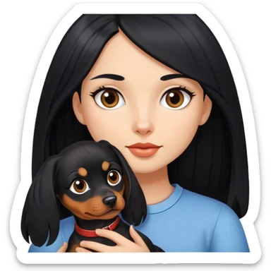A girl with long black hair holding a Pinscher dog sticker