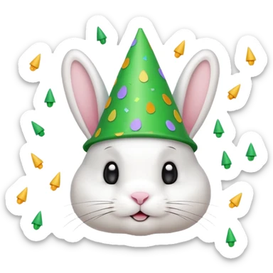 Rabbit in Green Party Hat – white bunny with cone party hat and confetti. sticker