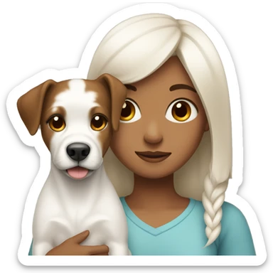 Girl with brown hair carrying white dog that has one black ear sticker