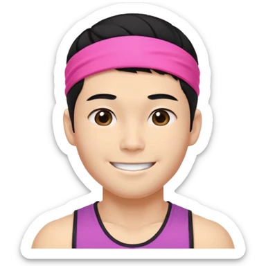 Korean 27-year-old male health coach / Wearing fluorescent colors / White face / Hairband / Smiling expression / Short black hair / Muscular body sticker