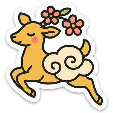 feminine adult vanilla cloud doe with rosy cheeks and cherry flowers, floating gracefully, minimalist style, brand identity, social media sticker