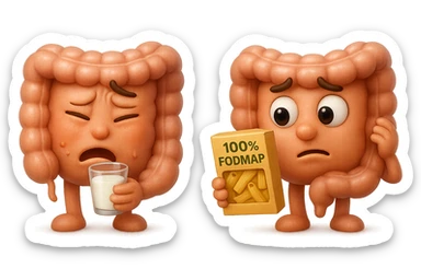 emoji stile iphone di un intestino che beve latte e ha un espressione di dolore e un intestino che guarda un pacco di pasta con la scritta "100% FODMAP" SULL'ETICHETTA CON ESPRESSIONE CONFUSA, iperrealistico 4k, isolato su sfondo bianco sticker