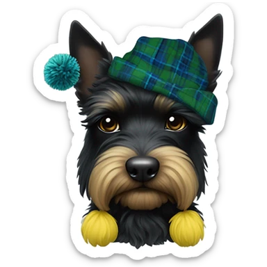 Black Scottie dog wearing a blue and green tartan tam hat with a yellow Pom-pom on top  sticker