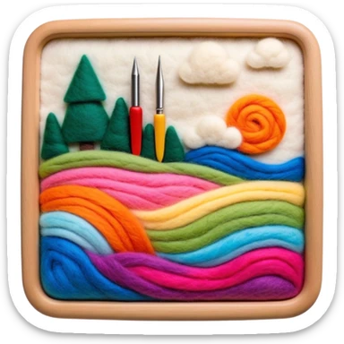Felt art creation icon, layers of colorful felt being carefully shaped with felting needles into a large picture or decorative design, visible hand tools like felting needles, no finished artwork, just the process of felting, minimalistic style, clean lines, transparent background. sticker