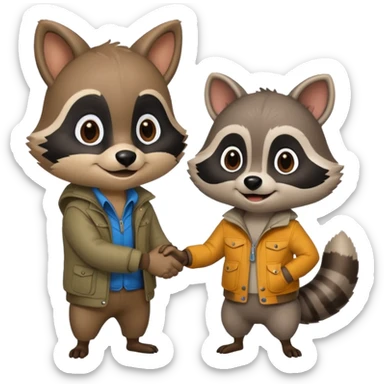 person and racoon standing full body looking at each other and giving a hand shake. cartoon style sticker