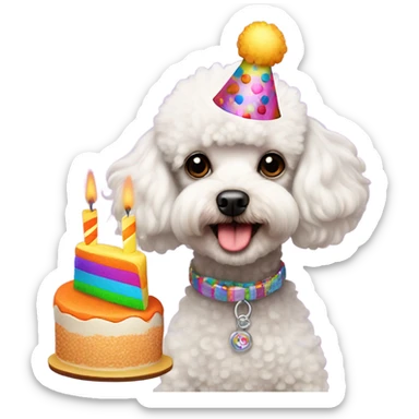 White male Toy poodle wearing birthday hat with a cake  sticker
