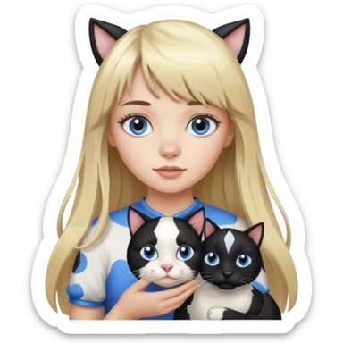 One  cat black and white stain like a cow in the arms of long blond hair girl with bangs and blue eyes sticker