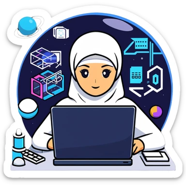 computer engineer with white hijab immersed in augmented reality, surrounded by floating metaverse elements, digital codes, virtual machines, tech graphics sticker