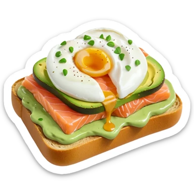 avocado toast with salmon and pachot eggs, green cream sticker