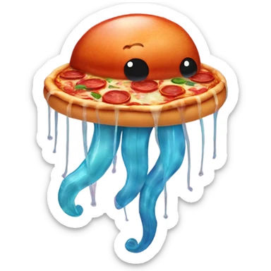 A jellyfish wearing a hat holding a pepperoni pizza sticker