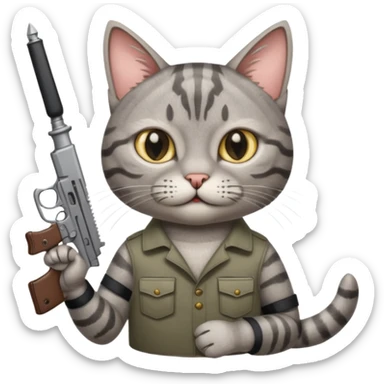 A cat holding a gun and a knife sticker