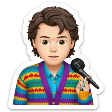 harry styles with a mic, he is wearing a colorful cardigan sticker