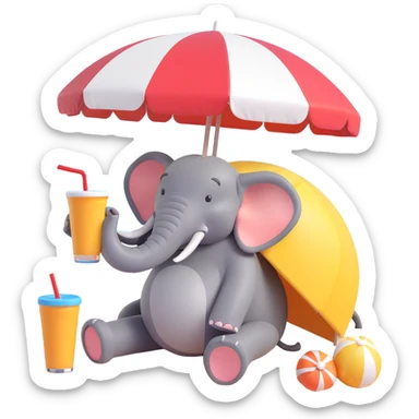 elephant relaxing under a beach umbrella, wearing swim trunks and sipping a cold drink sticker